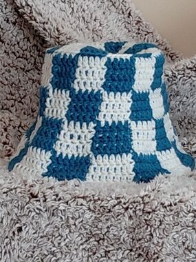 Handmade Crochet Checkerboard Bucket Hat - White & Blue